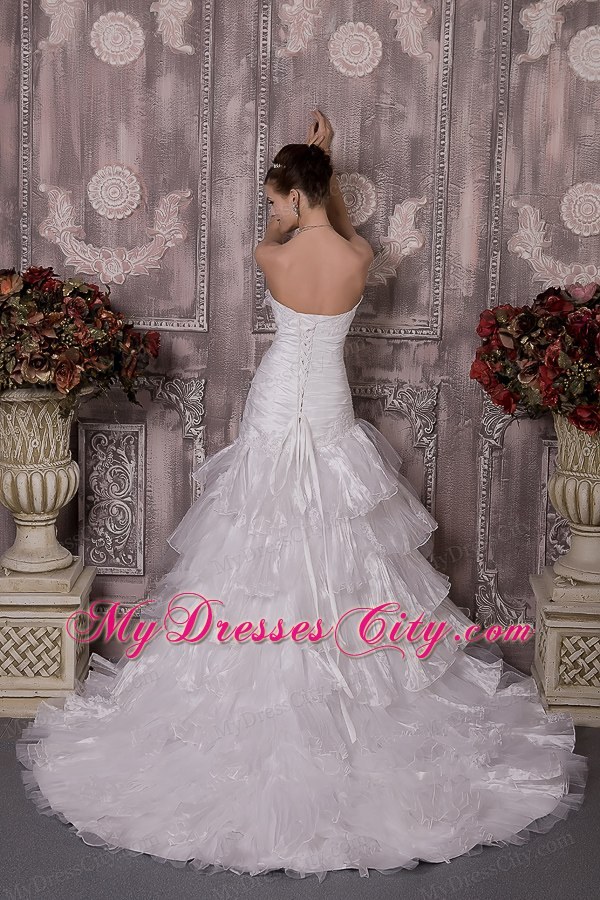 Ruched Mermaid Strapless Court Train Appliques Wedding Dress