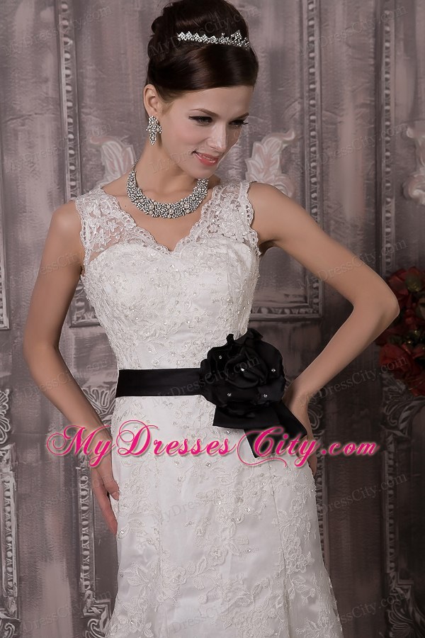 Latest White Column V-neck Court Train Wedding Dress with Black Sash