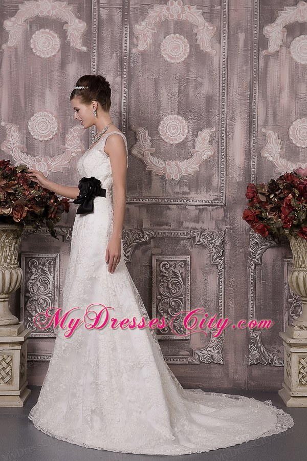 Latest White Column V-neck Court Train Wedding Dress with Black Sash