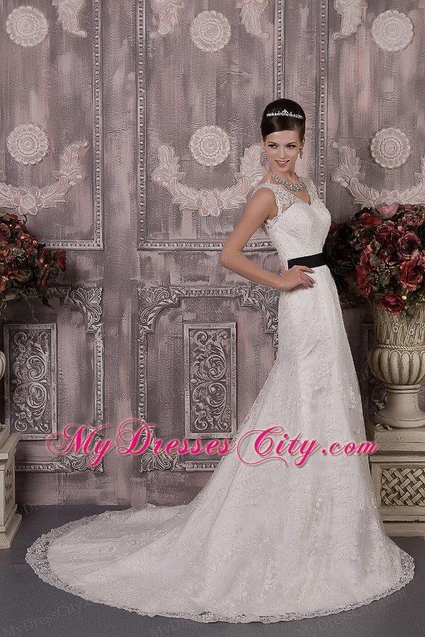 Latest White Column V-neck Court Train Wedding Dress with Black Sash