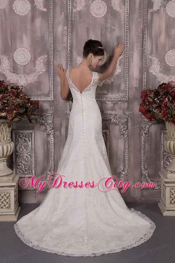 Latest White Column V-neck Court Train Wedding Dress with Black Sash