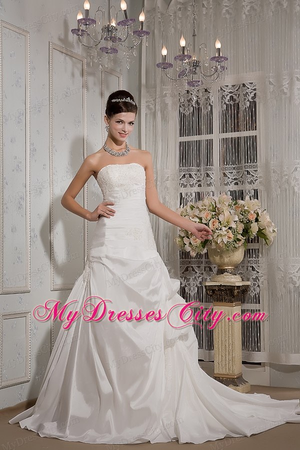 Elegant A-line Strapless Court Train Appliques and Ruches Wedding Dress