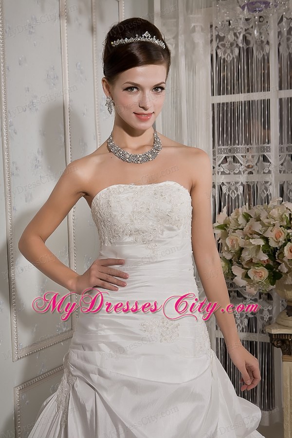 Elegant A-line Strapless Court Train Appliques and Ruches Wedding Dress