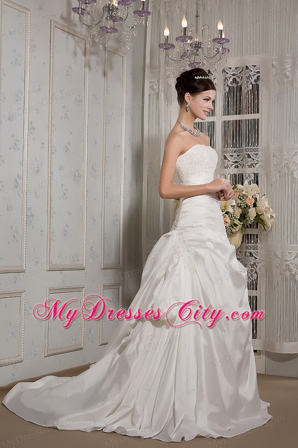 Elegant A-line Strapless Court Train Appliques and Ruches Wedding Dress