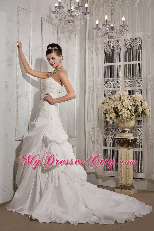 Elegant A-line Strapless Court Train Appliques and Ruches Wedding Dress