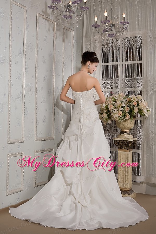 Elegant A-line Strapless Court Train Appliques and Ruches Wedding Dress