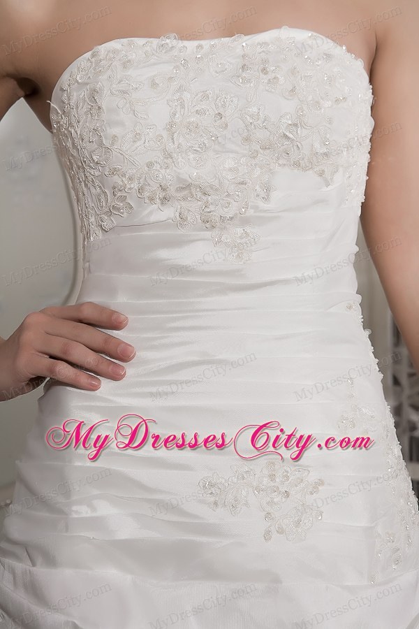 Elegant A-line Strapless Court Train Appliques and Ruches Wedding Dress