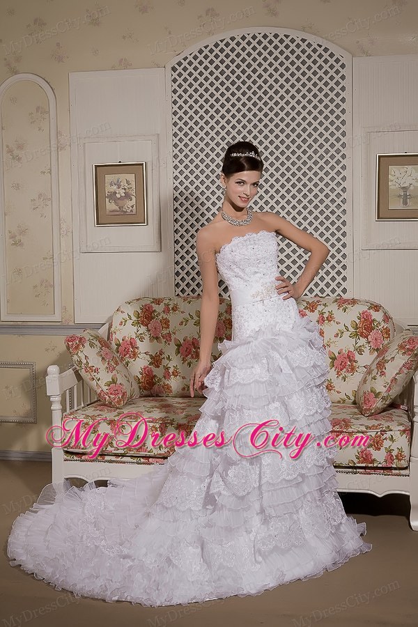 Court Train Sash Wedding Dress with Organza and Lace Ruffles