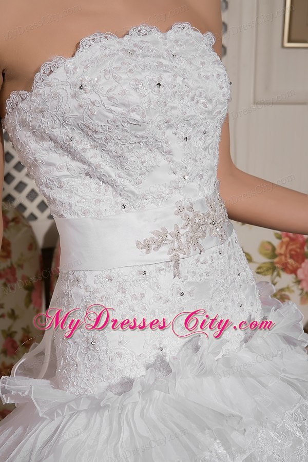 Court Train Sash Wedding Dress with Organza and Lace Ruffles