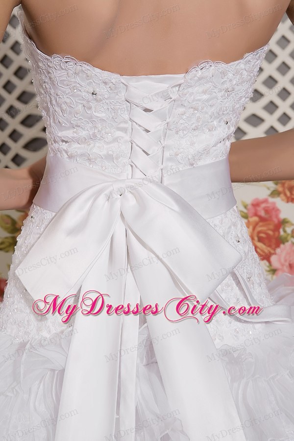 Court Train Sash Wedding Dress with Organza and Lace Ruffles