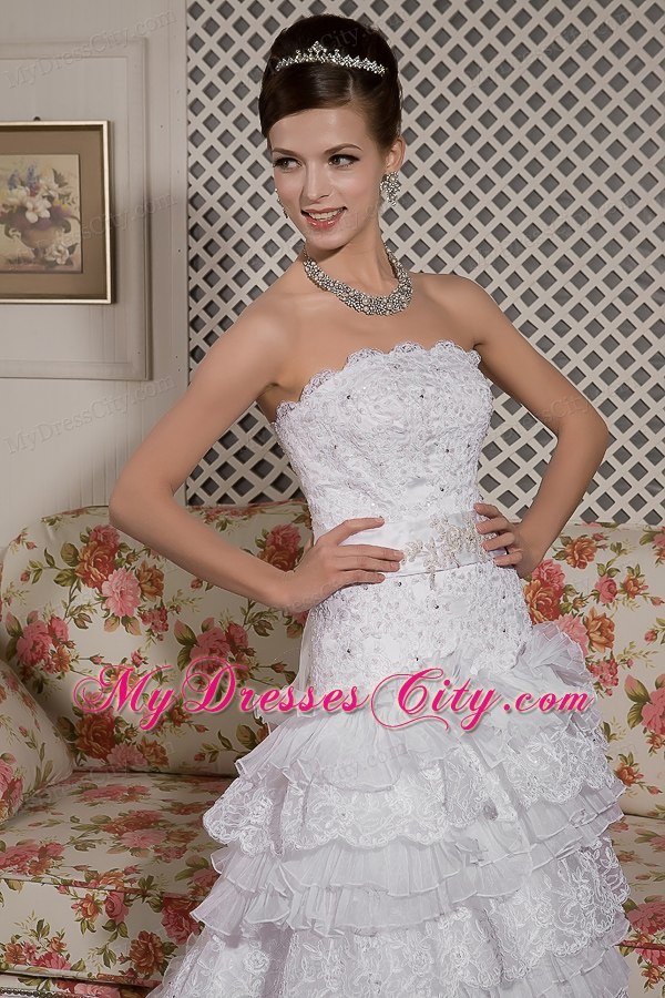 Court Train Sash Wedding Dress with Organza and Lace Ruffles