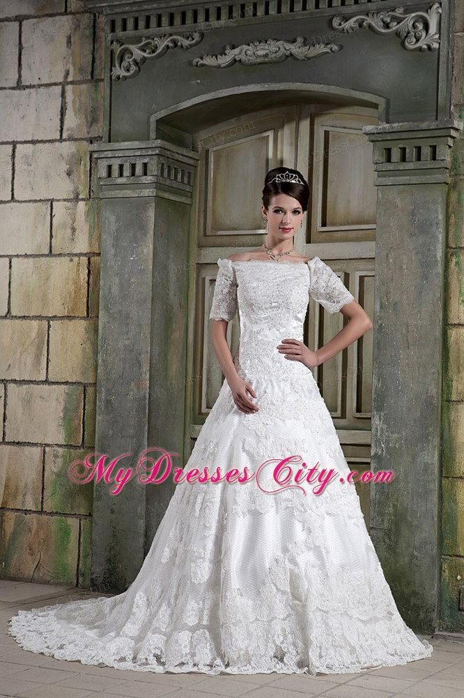 Short Sleeves Off The Shoulder Chapel Train Lace Wedding Dress