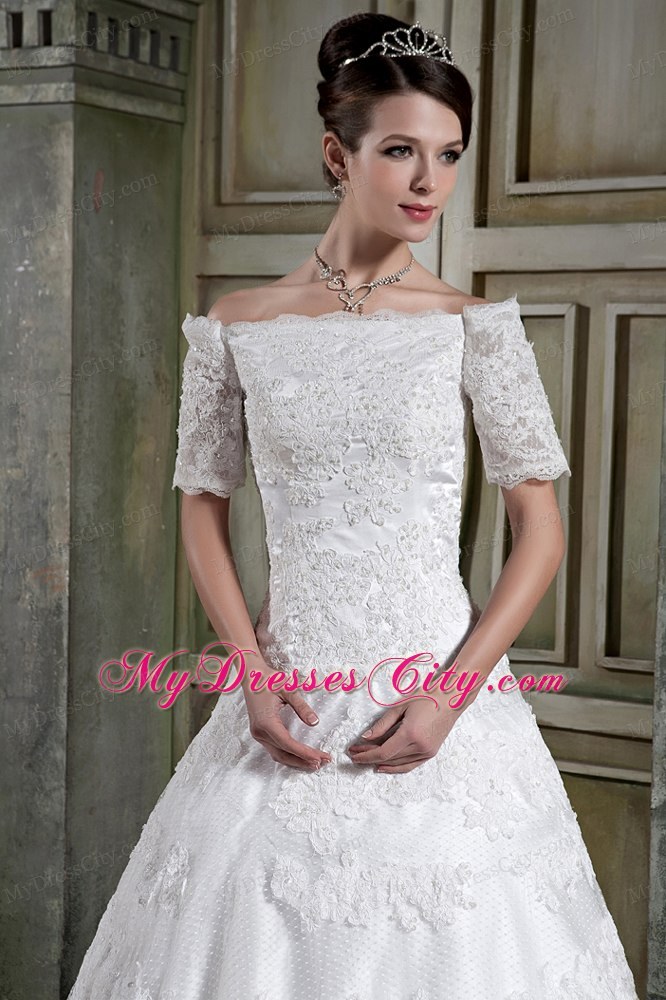 Short Sleeves Off The Shoulder Chapel Train Lace Wedding Dress