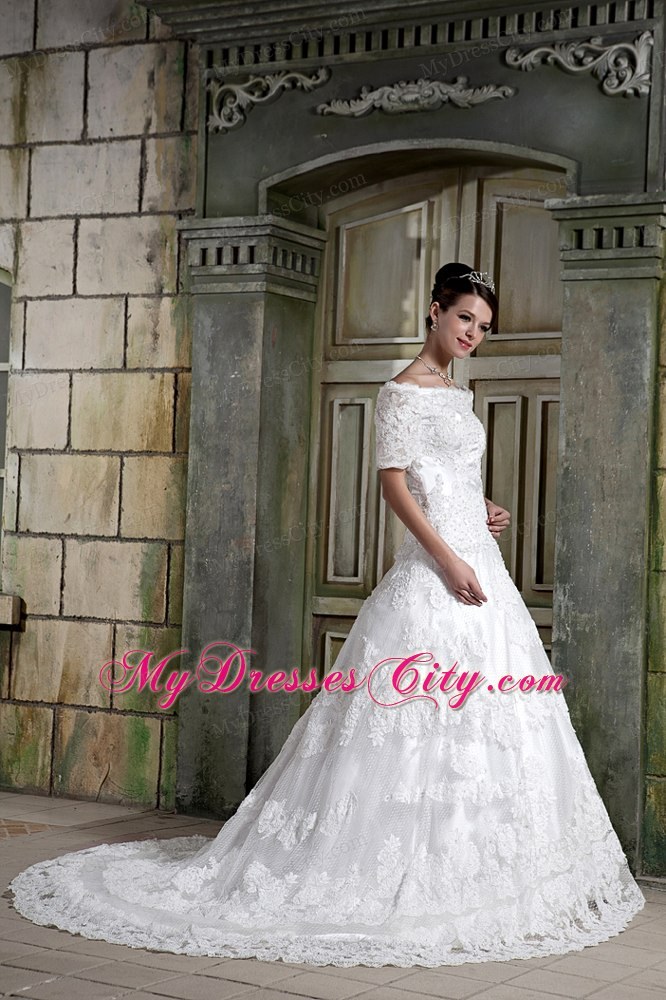 Short Sleeves Off The Shoulder Chapel Train Lace Wedding Dress