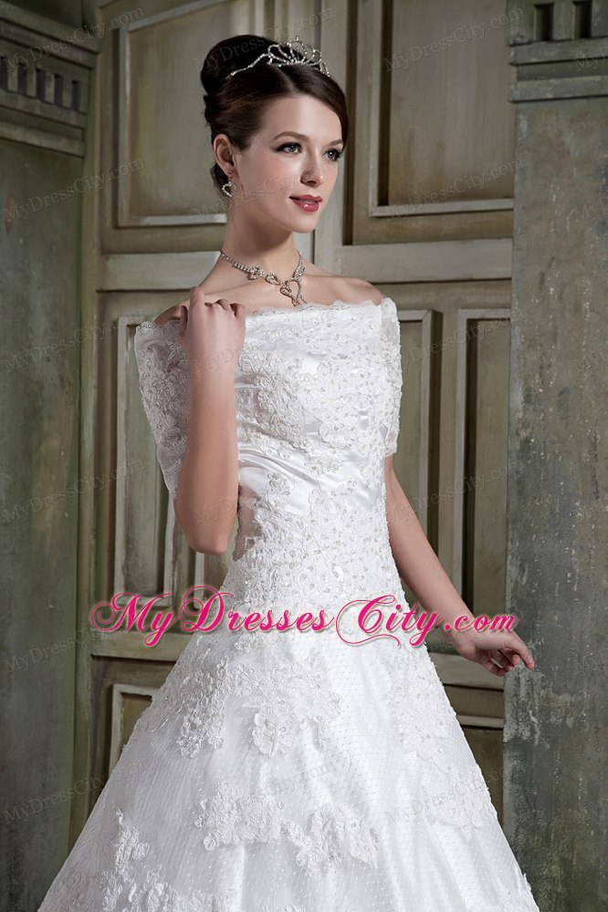 Short Sleeves Off The Shoulder Chapel Train Lace Wedding Dress