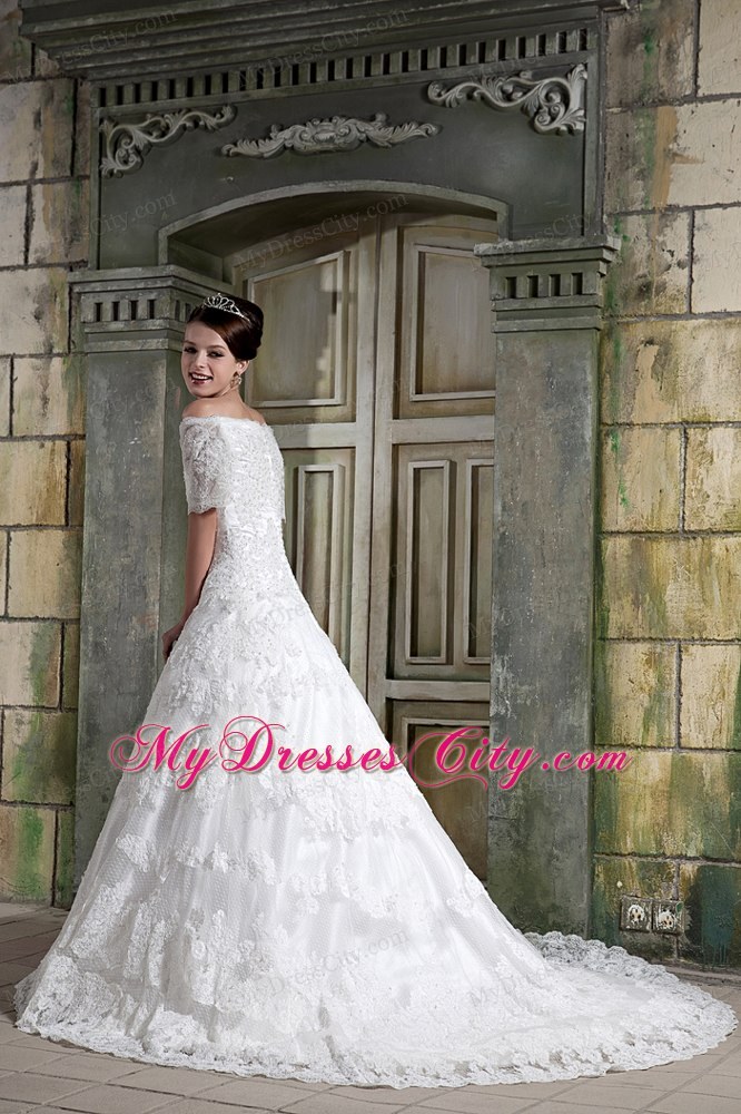 Short Sleeves Off The Shoulder Chapel Train Lace Wedding Dress