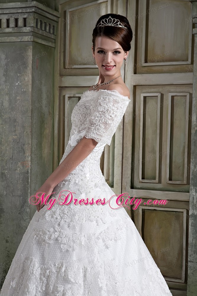 Short Sleeves Off The Shoulder Chapel Train Lace Wedding Dress