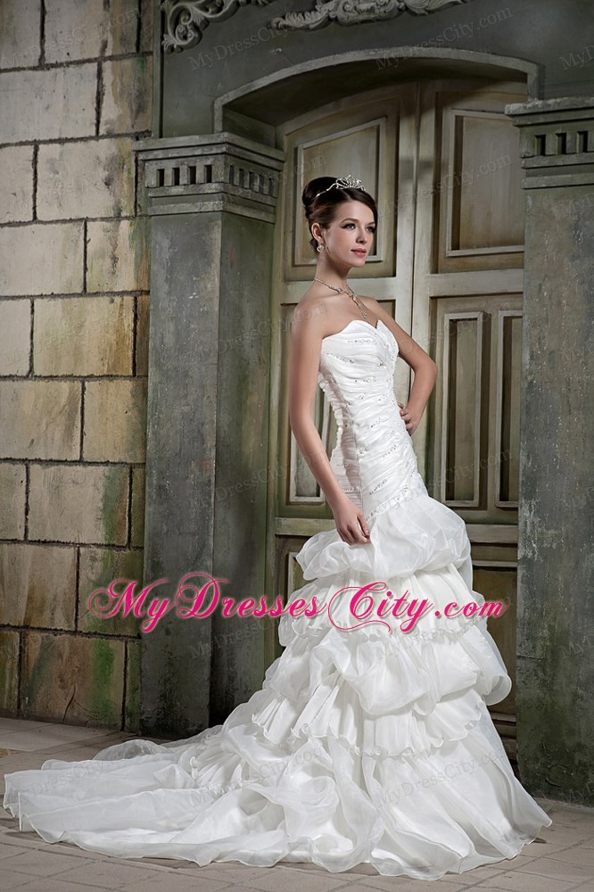 Mermaid Chapel Train Beading Wedding Dress with Ruffled Layers