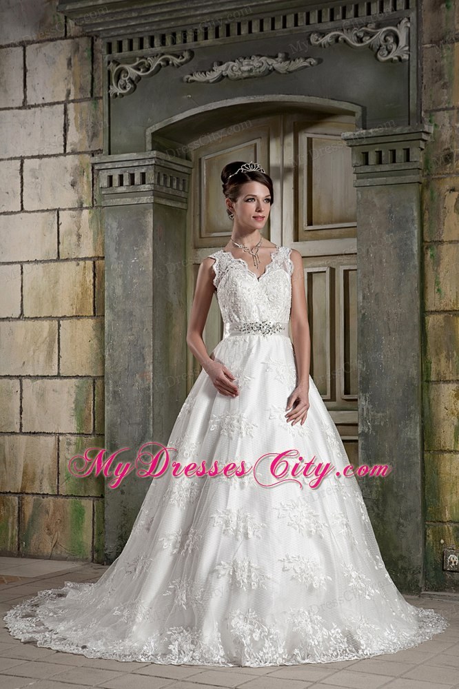 Beautiful V-neck Chapel Train Beaded Wedding Dress in Lace