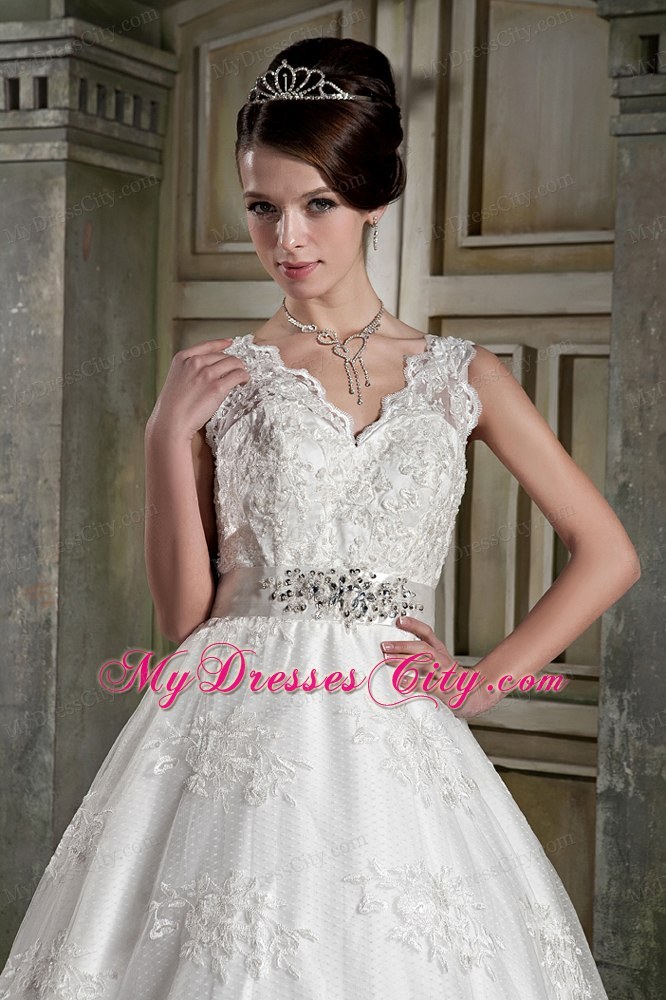 Beautiful V-neck Chapel Train Beaded Wedding Dress in Lace