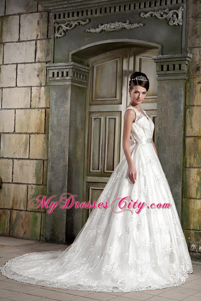 Beautiful V-neck Chapel Train Beaded Wedding Dress in Lace