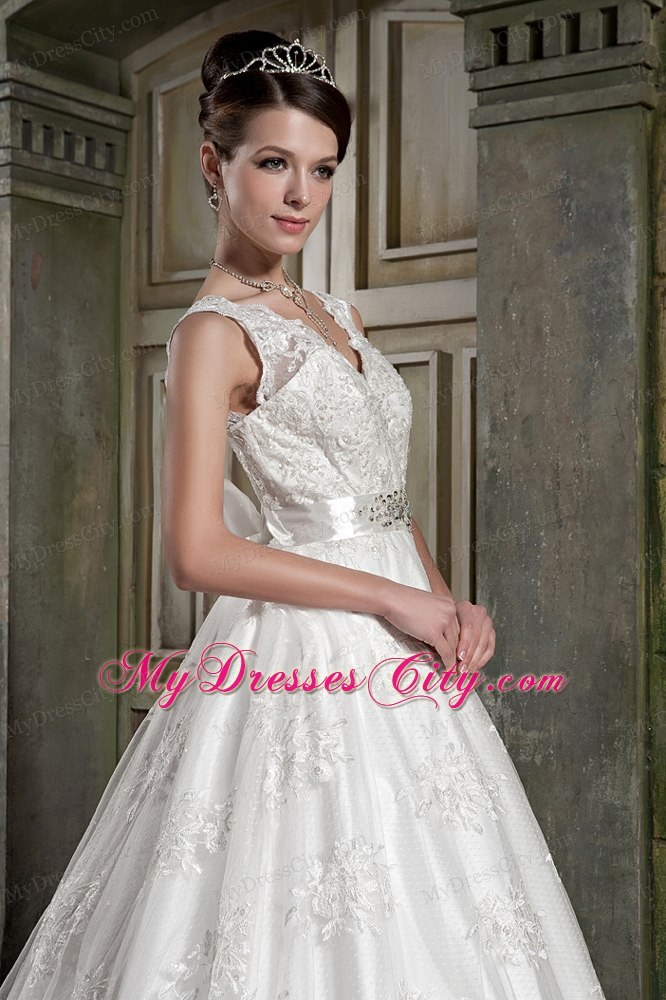 Beautiful V-neck Chapel Train Beaded Wedding Dress in Lace