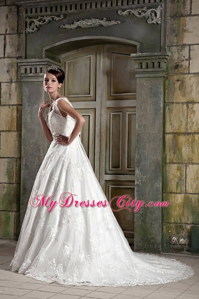 Beautiful V-neck Chapel Train Beaded Wedding Dress in Lace