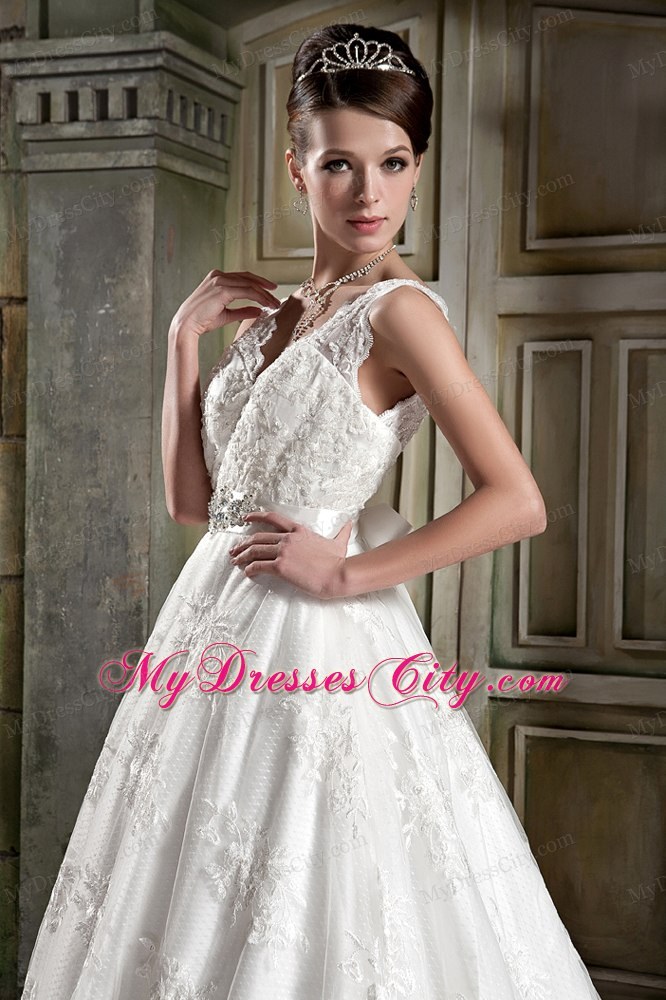 Beautiful V-neck Chapel Train Beaded Wedding Dress in Lace