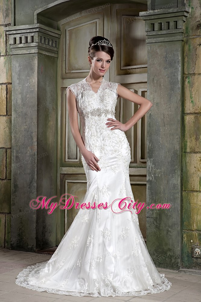 Mermaid V-neck Court Train Back Out Lace Beaded Wedding Dress