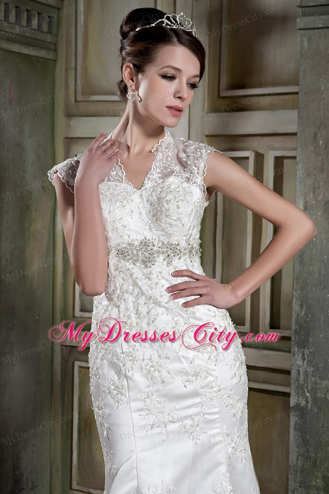 Mermaid V-neck Court Train Back Out Lace Beaded Wedding Dress