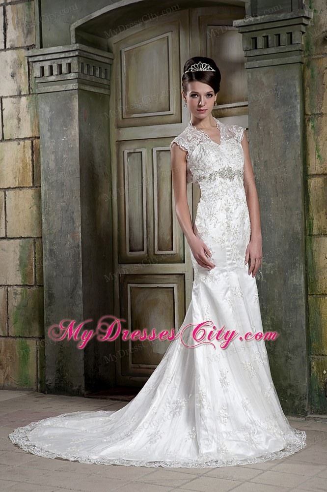 Mermaid V-neck Court Train Back Out Lace Beaded Wedding Dress