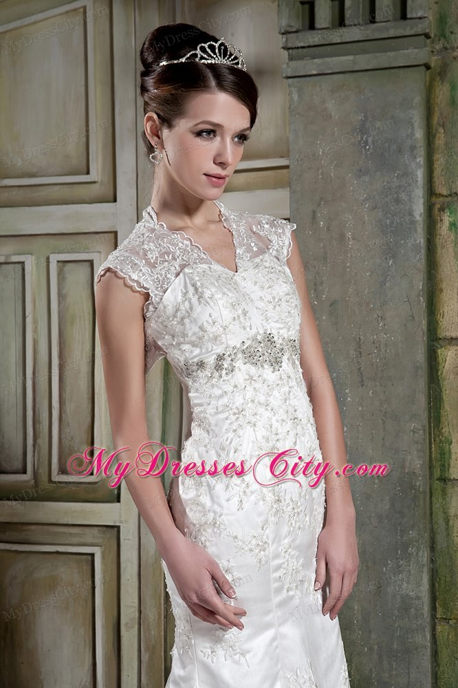 Mermaid V-neck Court Train Back Out Lace Beaded Wedding Dress