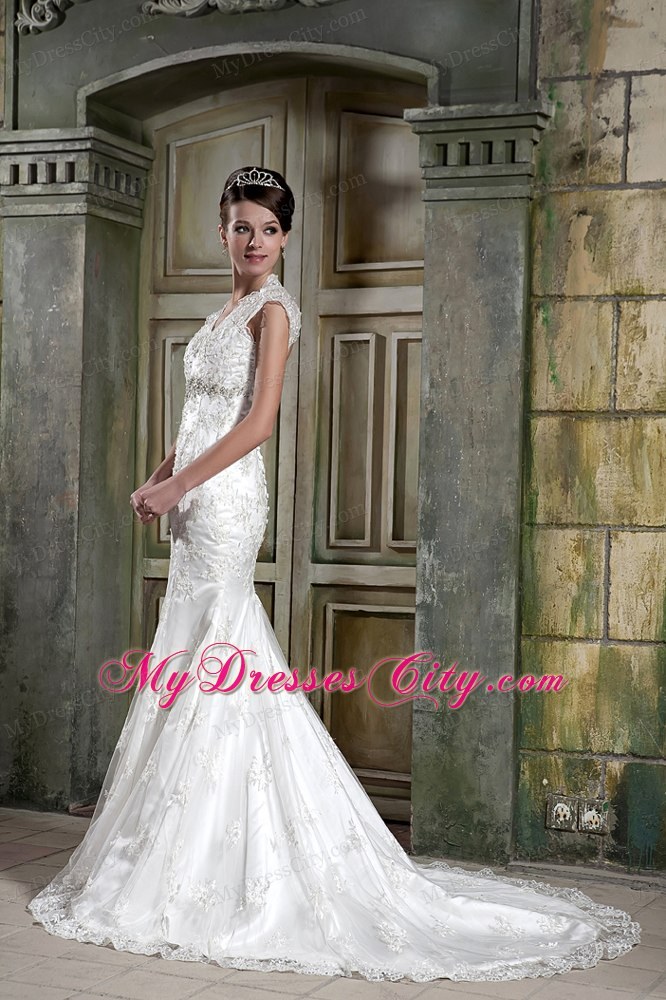 Mermaid V-neck Court Train Back Out Lace Beaded Wedding Dress