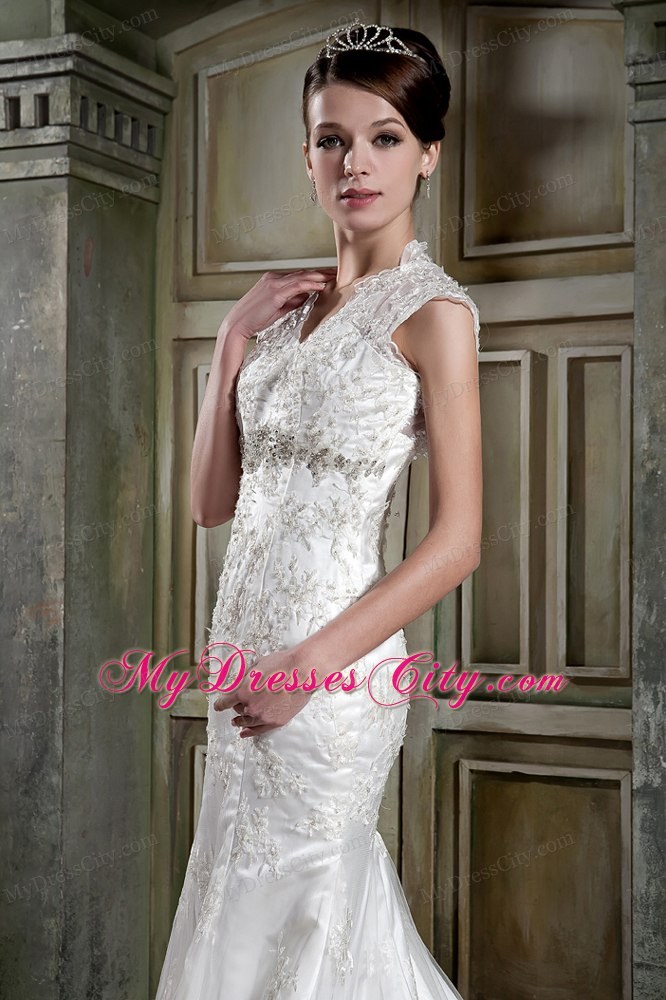 Mermaid V-neck Court Train Back Out Lace Beaded Wedding Dress