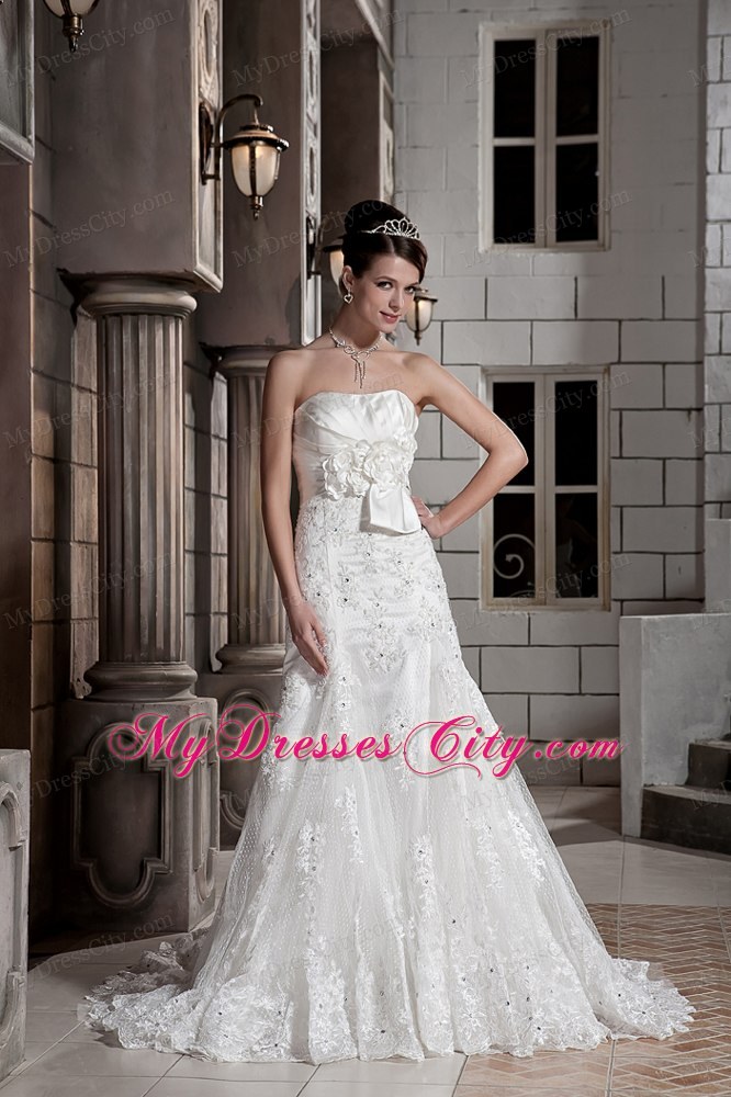 Simple A-line Strapless Lace Hand Made Flowers Wedding Dress