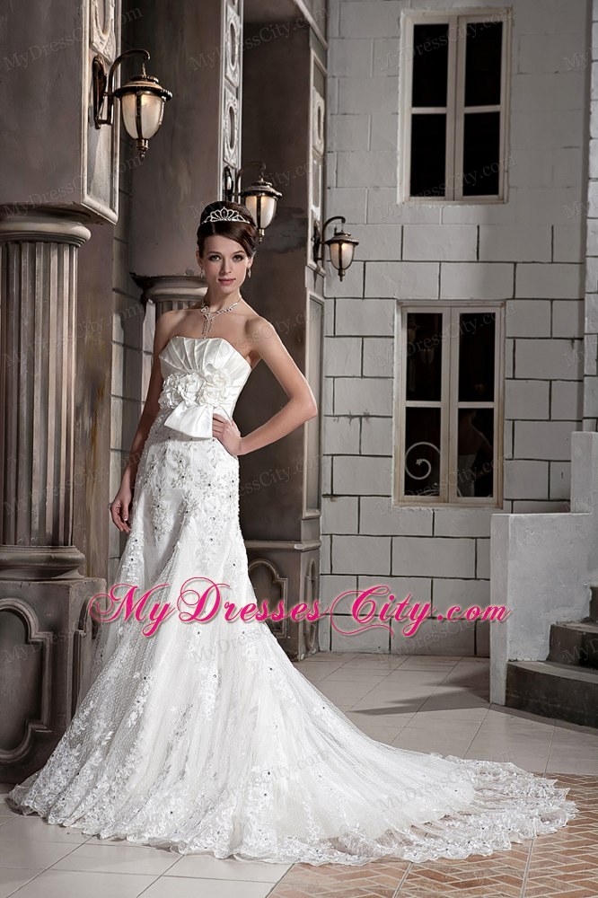 Simple A-line Strapless Lace Hand Made Flowers Wedding Dress