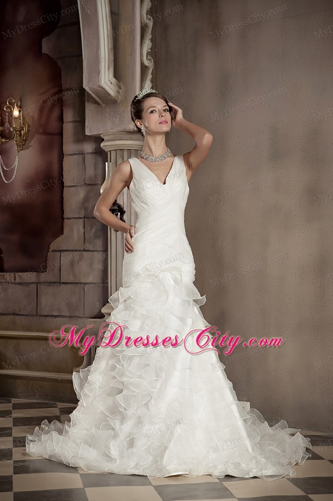 Exclusive Mermaid V-neck Chapel Train Ruffled Wedding Dress