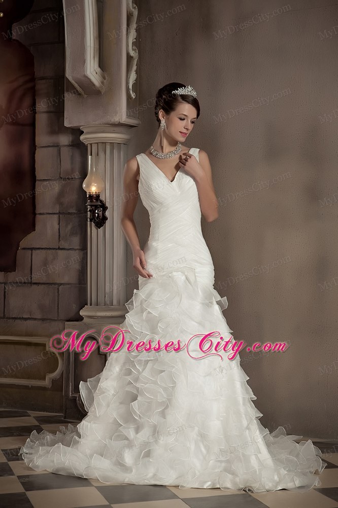 Exclusive Mermaid V-neck Chapel Train Ruffled Wedding Dress