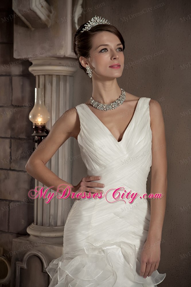 Exclusive Mermaid V-neck Chapel Train Ruffled Wedding Dress