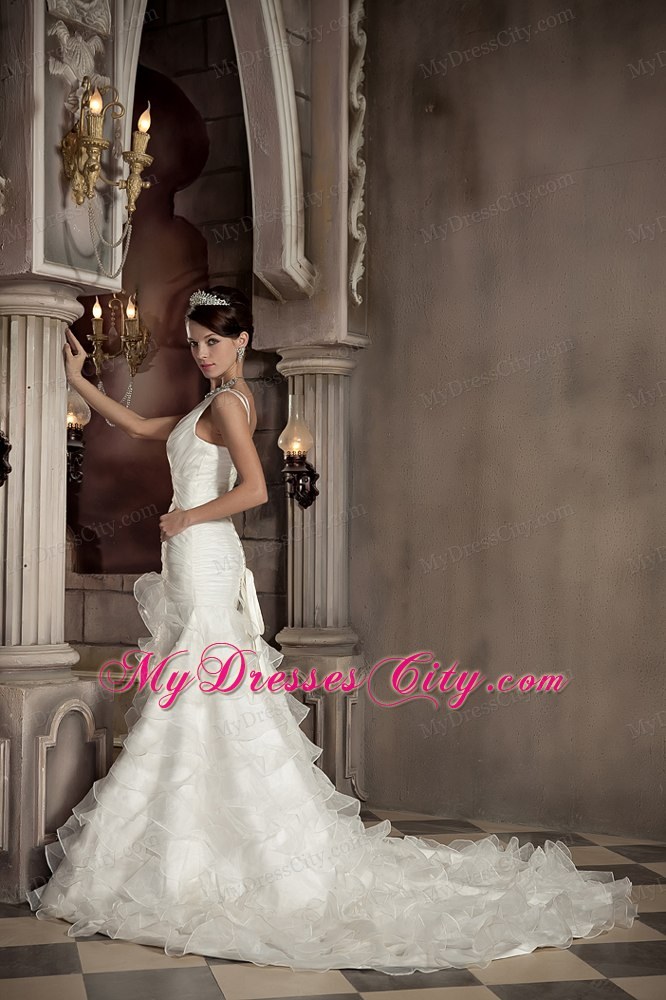 Exclusive Mermaid V-neck Chapel Train Ruffled Wedding Dress