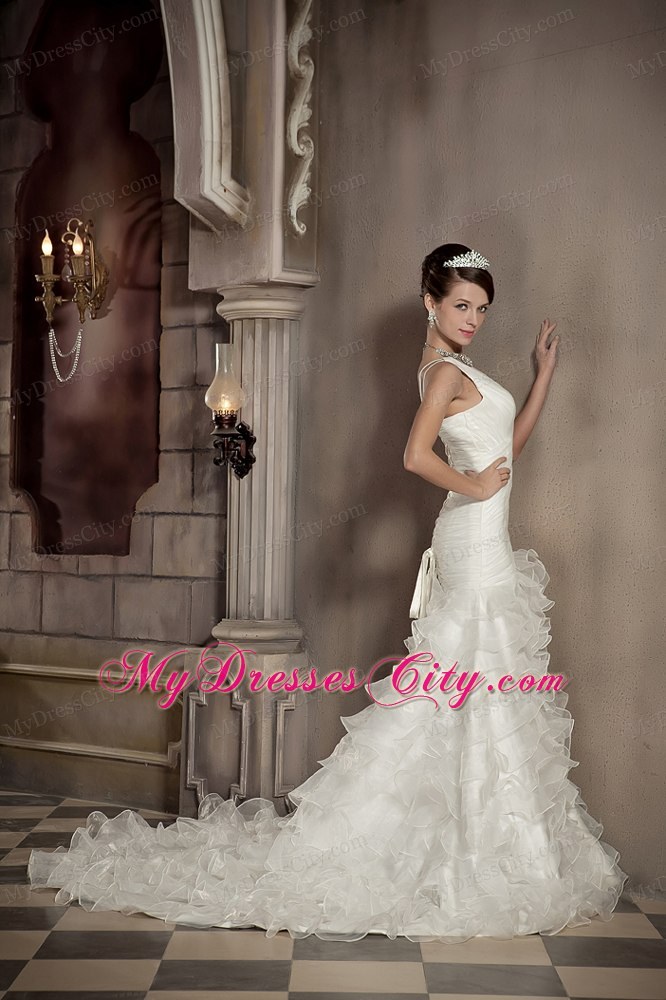 Exclusive Mermaid V-neck Chapel Train Ruffled Wedding Dress