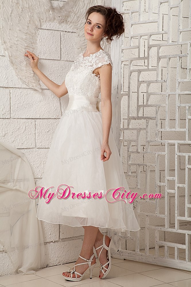 Lovely Cap Sleeves A-line Lace Scoop Tea-length Wedding Dress