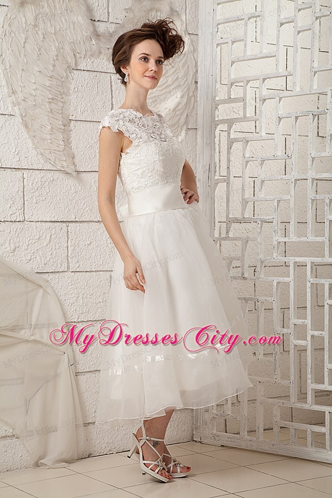 Lovely Cap Sleeves A-line Lace Scoop Tea-length Wedding Dress