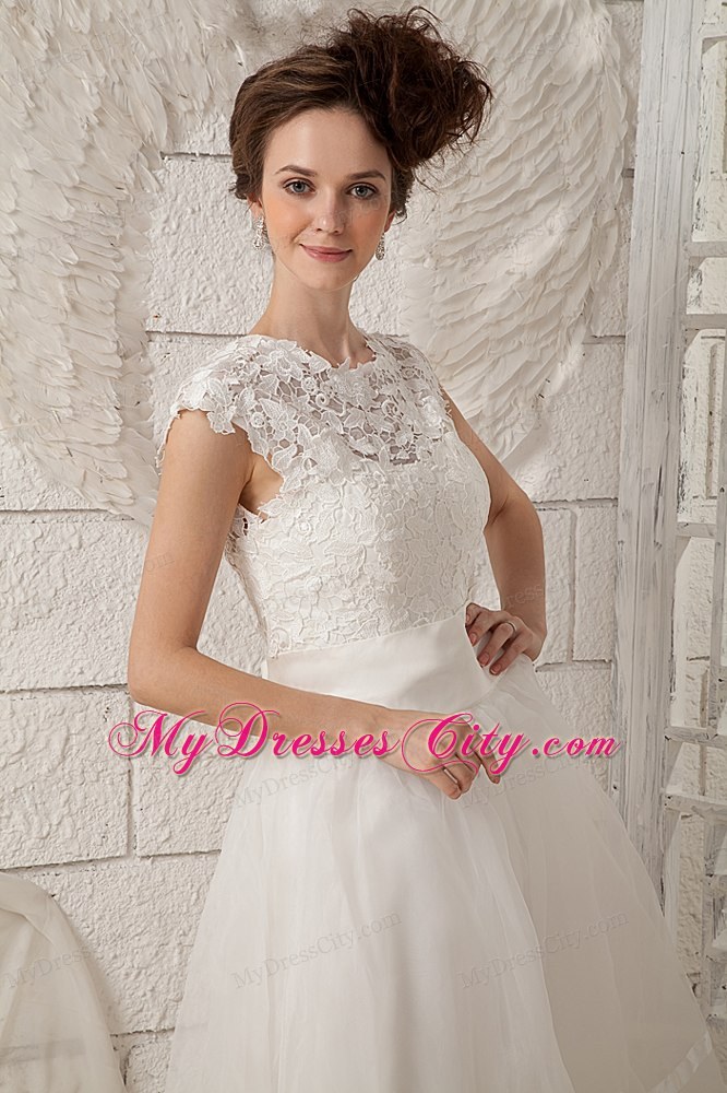 Lovely Cap Sleeves A Line Lace Scoop Tea Length Wedding Dress 