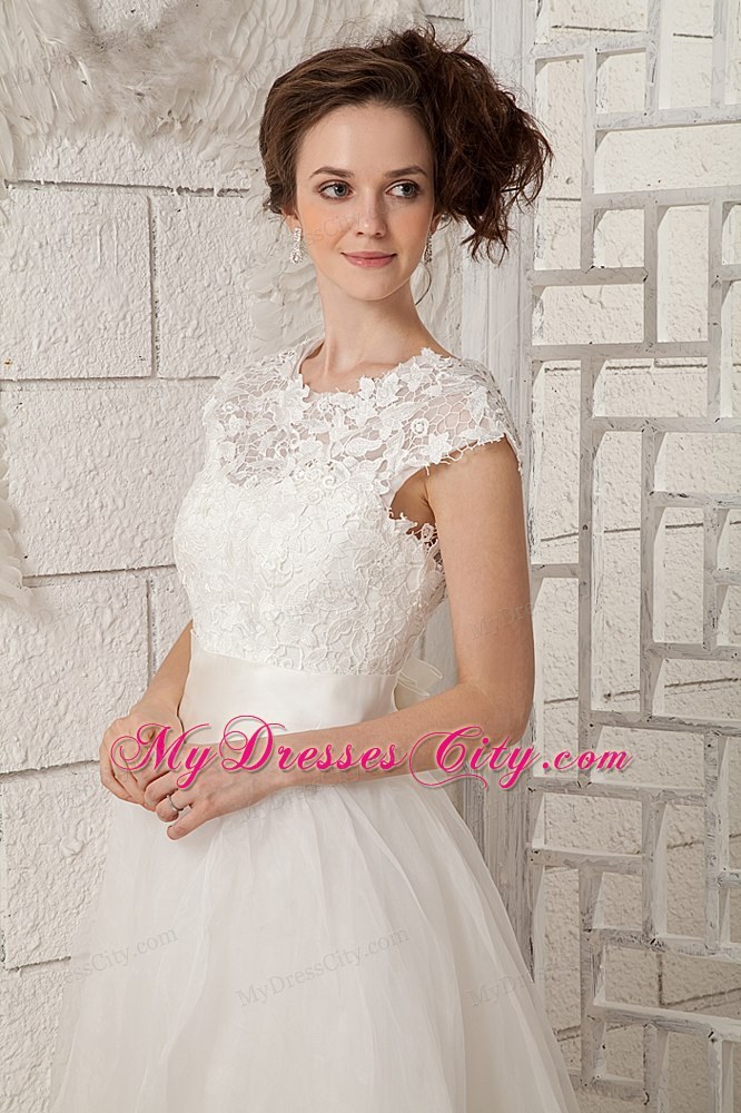 Lovely Cap Sleeves A-line Lace Scoop Tea-length Wedding Dress