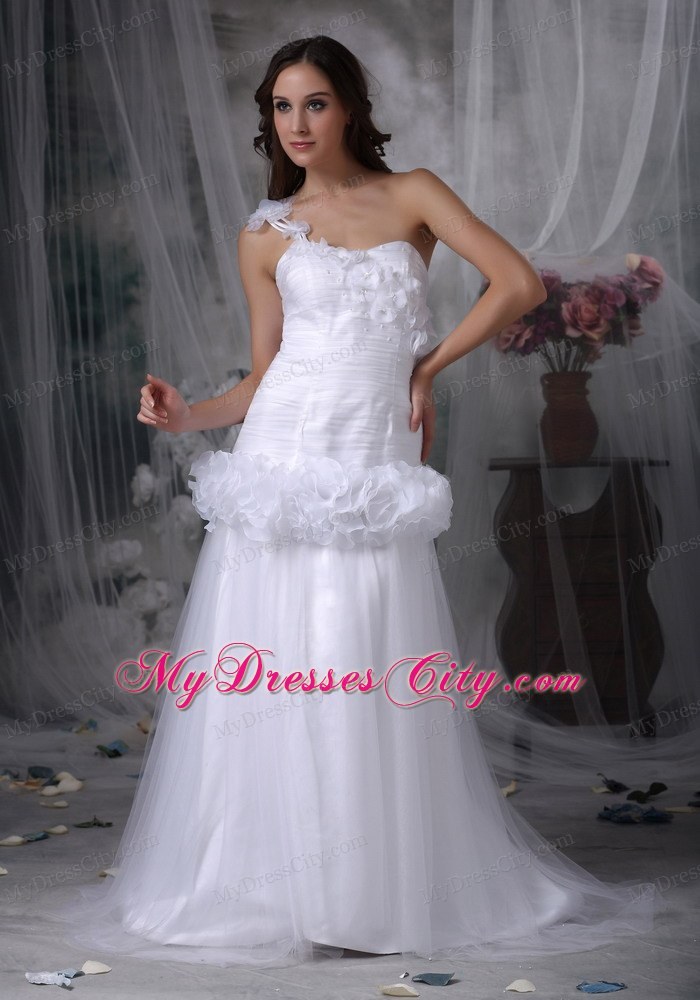 One Shoulder Brush Train Hand Made Flowers Waist Bridal dress