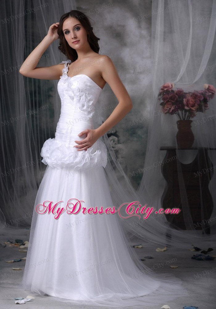 One Shoulder Brush Train Hand Made Flowers Waist Bridal dress