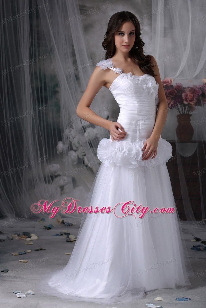 One Shoulder Brush Train Hand Made Flowers Waist Bridal dress