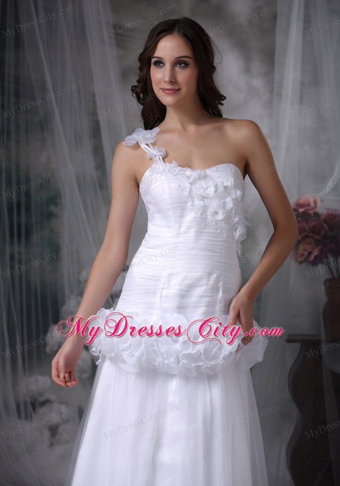 One Shoulder Brush Train Hand Made Flowers Waist Bridal dress