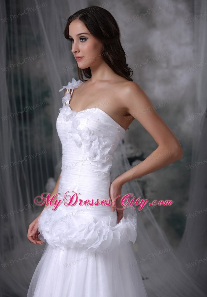 One Shoulder Brush Train Hand Made Flowers Waist Bridal dress